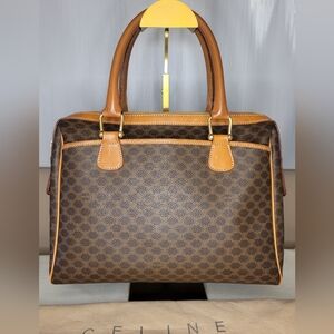 Celine Brown And Tan Macadam Boston Handbag With Authenticity Certificate